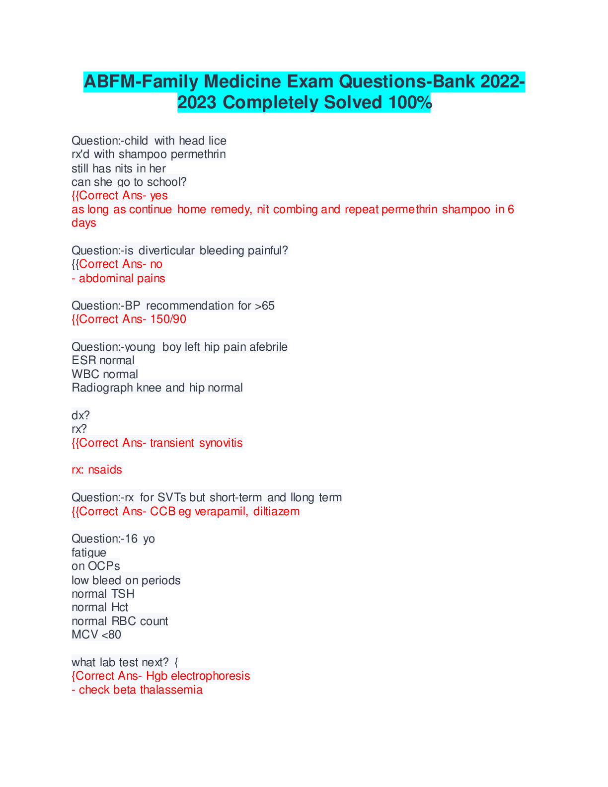 Preview image for ABFM-Family Medicine Exam Questions-Bank 2022-2023 Completely Solved 100%